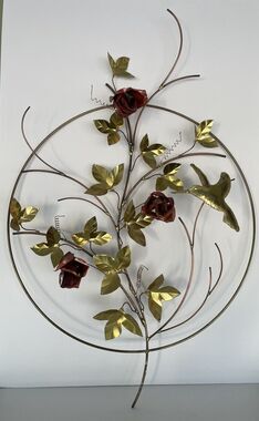 Atomic Metal Floral Wall Hanging Signed Gold Red Art Wall Decor MCM Large 18"